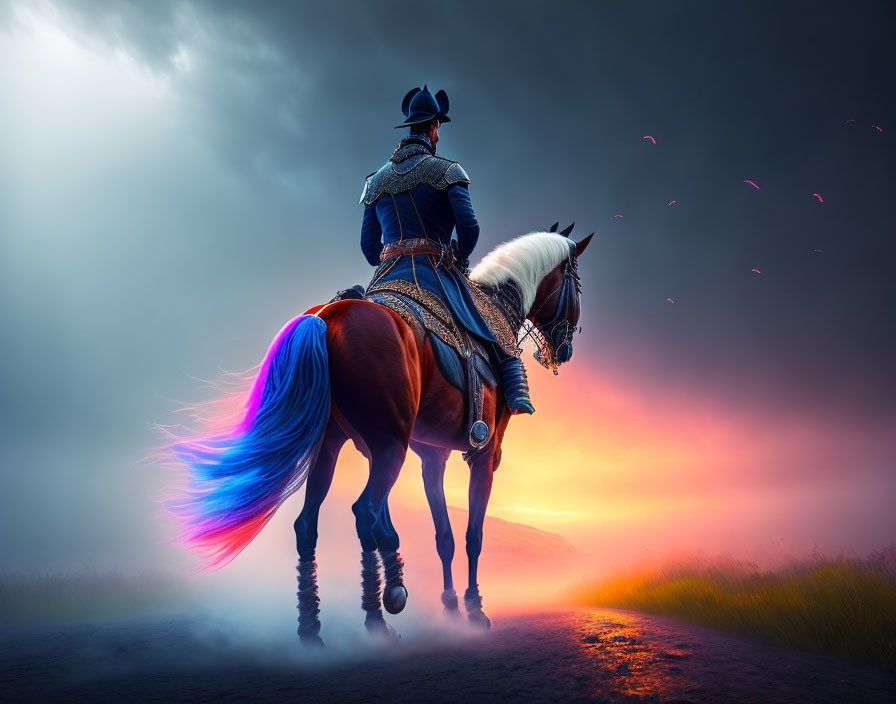 Knight in armor on horseback with blue and red tail under dramatic sunset.