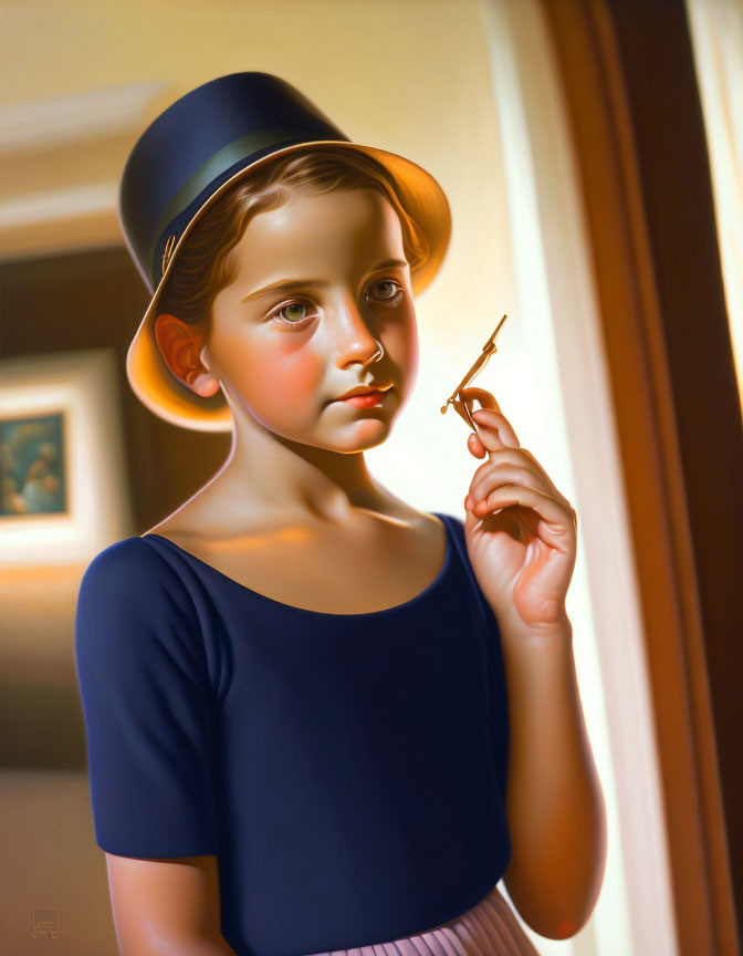 Young girl in blue dress and bowler hat holding toy airplane under warm light