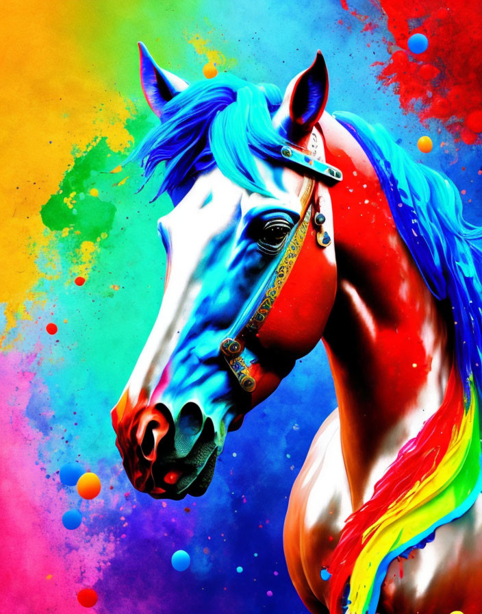 Colorful Horse Artwork with Blue Mane and Rainbow Hues