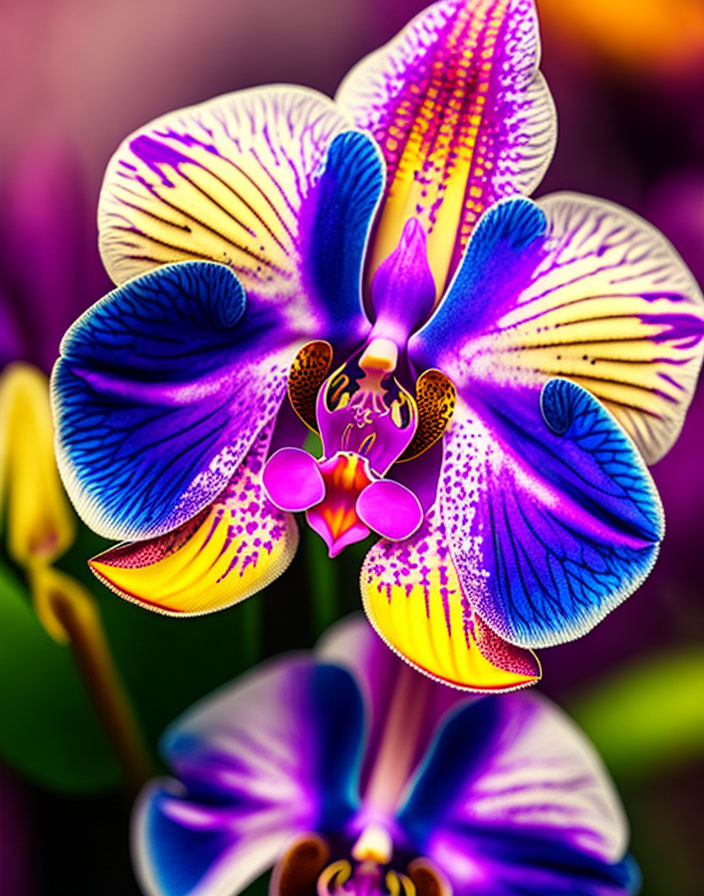 Colorful orchid flower with purple, yellow, and pink hues and intricate patterns