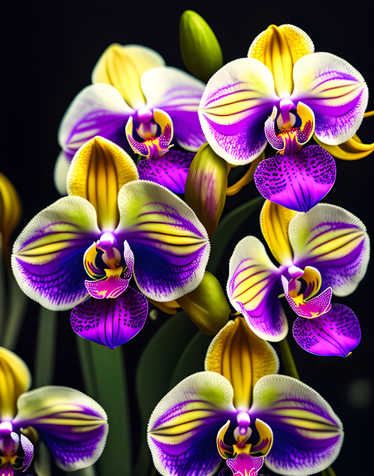 Purple and Yellow Orchids on Dark Background: Detailed Patterns and Textures