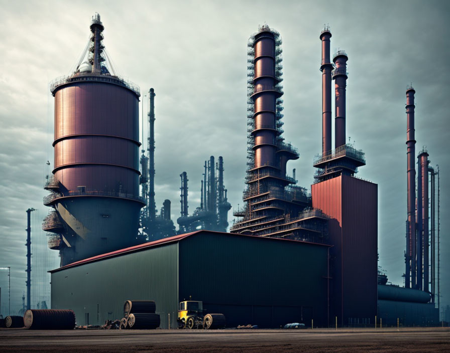 Urban industrial landscape with silos, smokestacks, truck, and cloudy sky at twilight