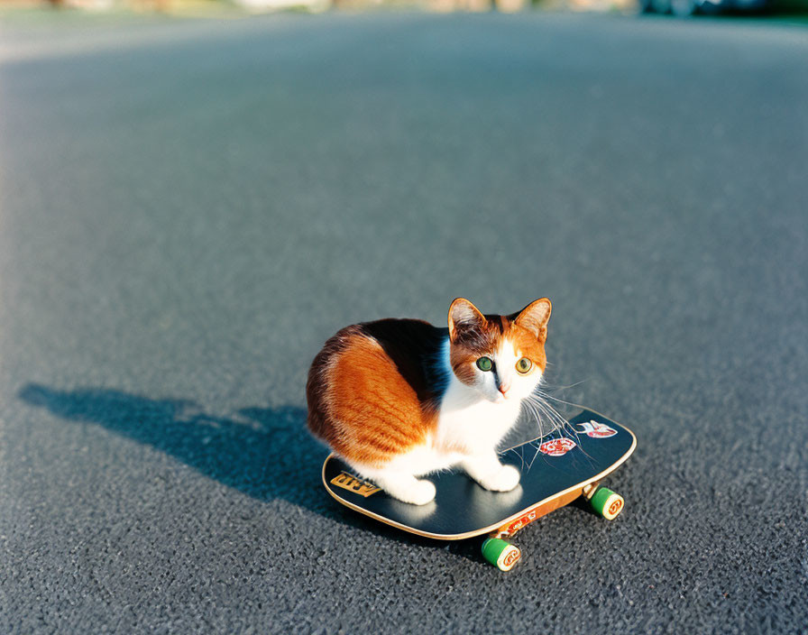 Calico cat on skateboard under sunlight on asphalt.