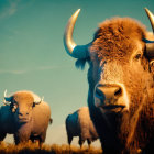 Bison herd under rainbow sky, one facing camera