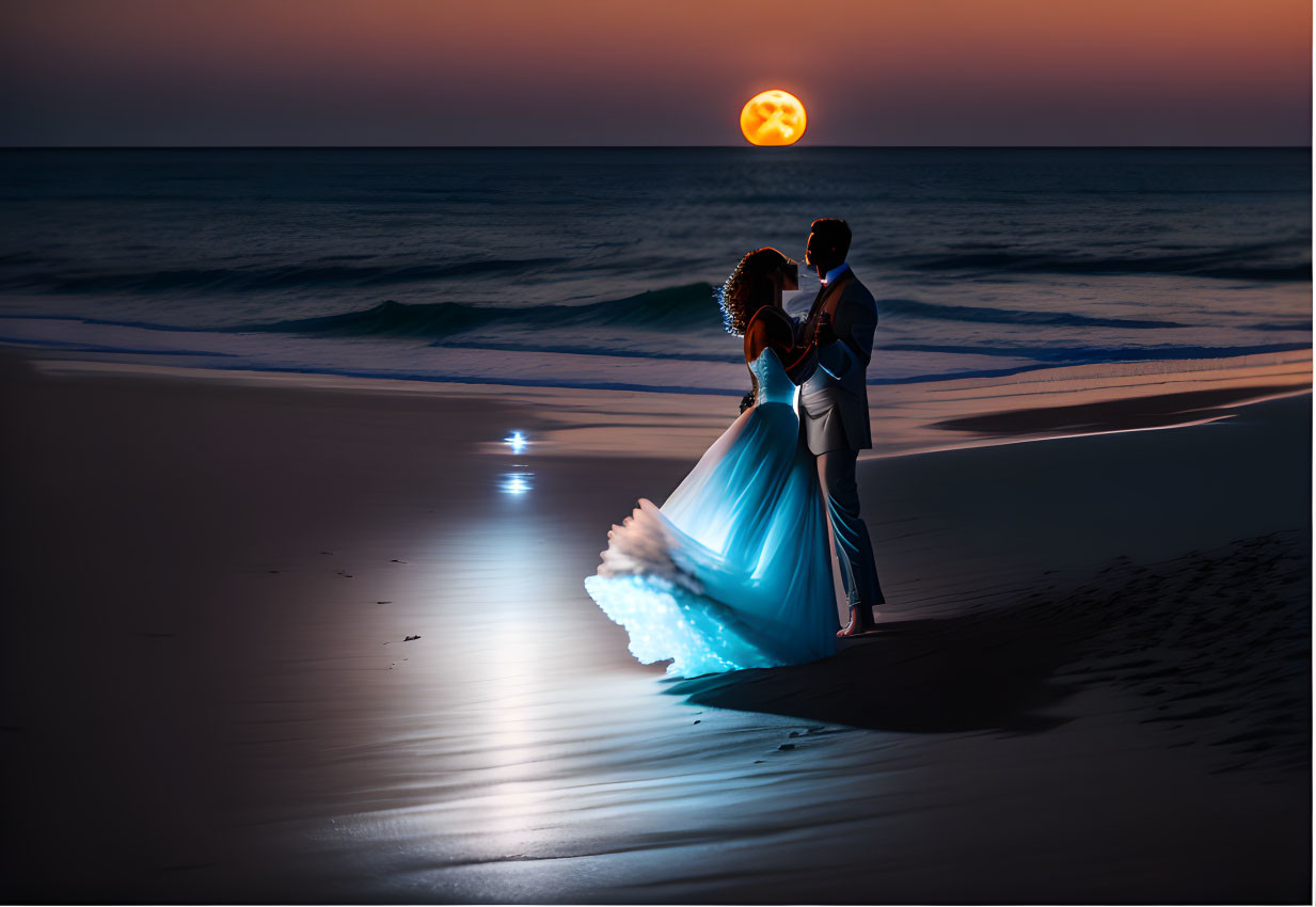 Wedding couple on beach at sunset with glowing dress and sun reflection