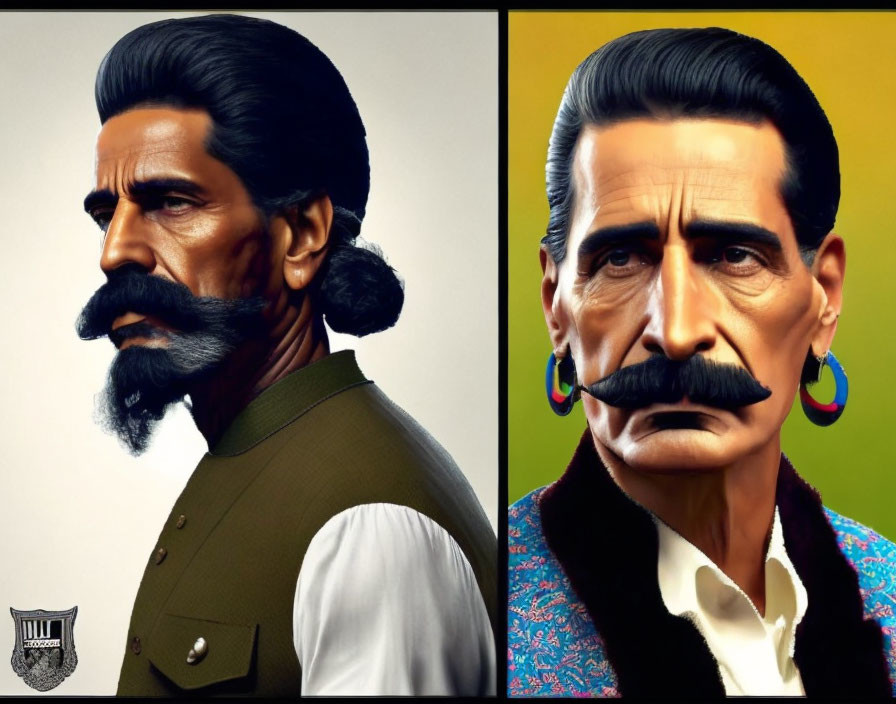 Stylized portraits of a man with mustache and slicked-back hair in different outfits