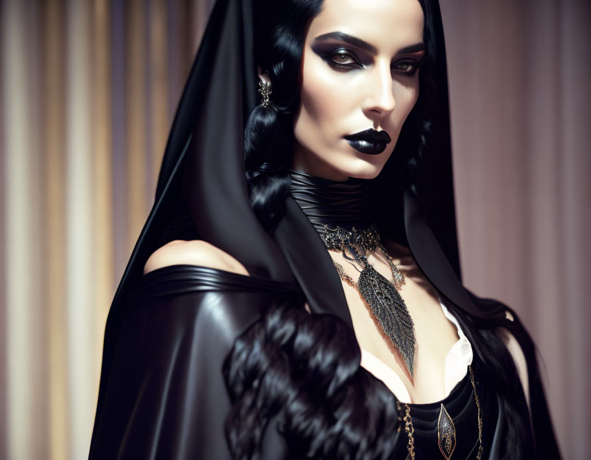 Enigmatic woman in dark makeup and gothic attire