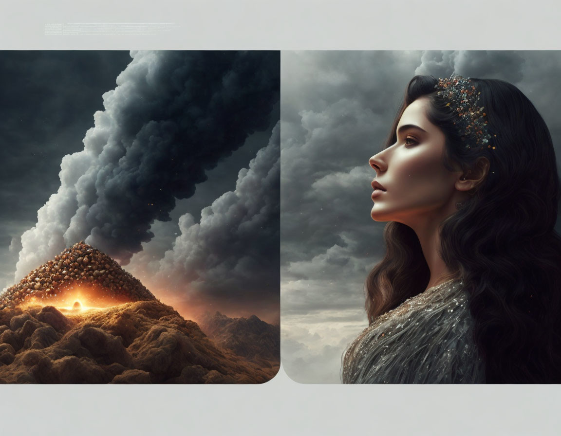 Split-image: Volcanic eruption and woman's profile mirroring landscape