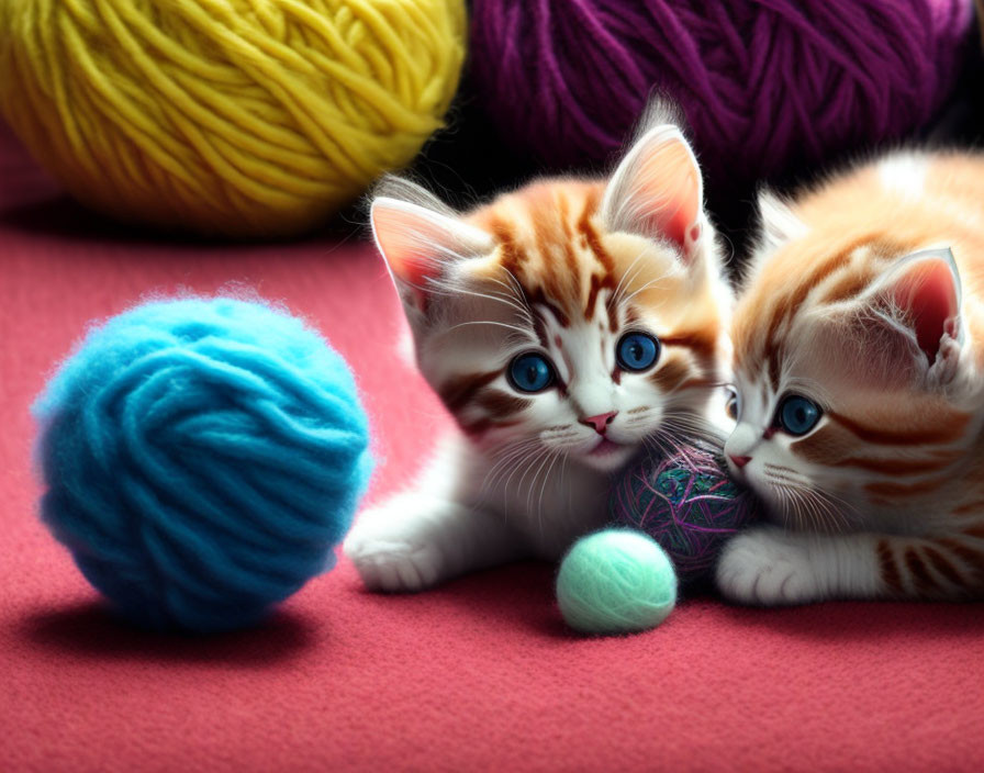 Adorable kittens with blue eyes and yarn balls on pink surface