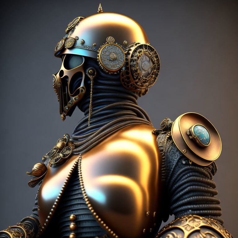 Steampunk-style robot with intricate gears and metallic adornments