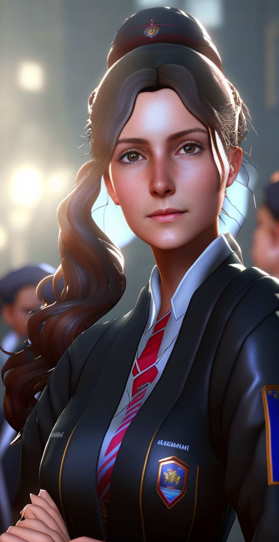 Digital illustration of woman in police-style uniform with brown hair and badges, against blurred background.