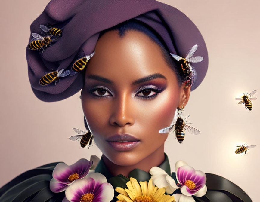 Woman with makeup and headwrap surrounded by bees and flowers