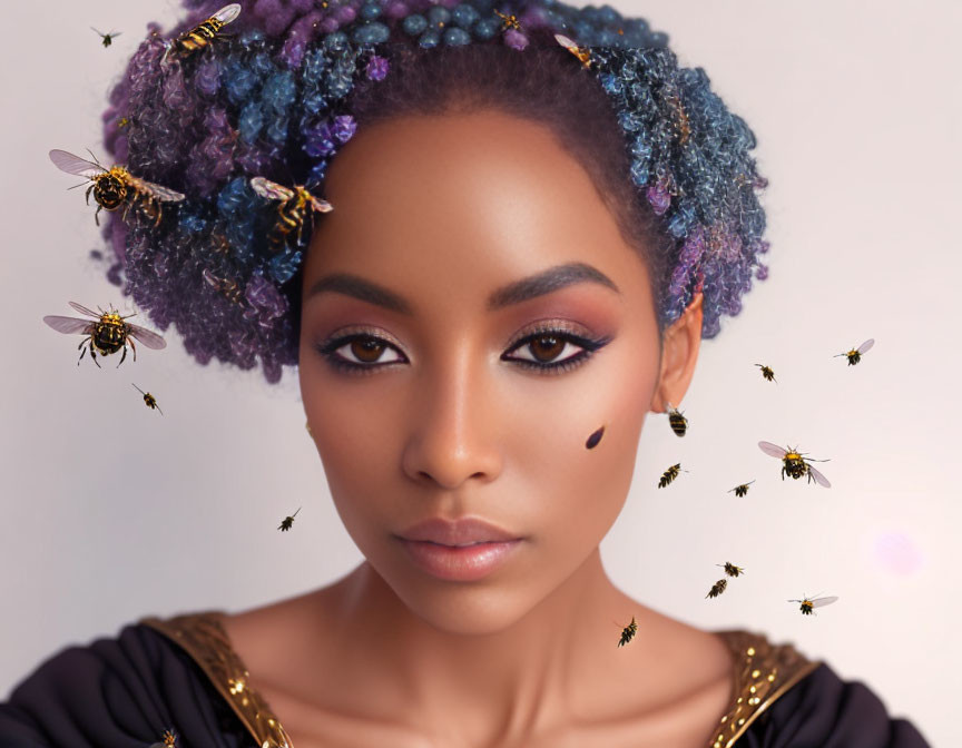 Woman with Purple-Blue Dyed Curly Hair and Bees on Neutral Background