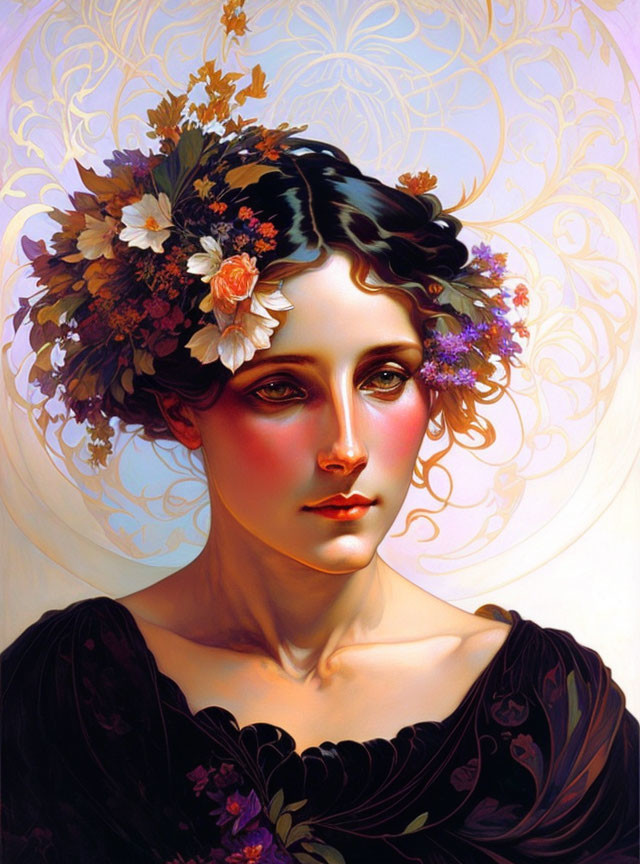 Vibrant floral portrait of a contemplative woman