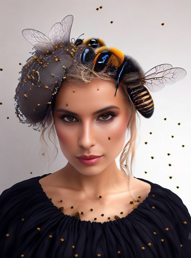 Woman with Bee-Inspired Makeup and Headpiece Surrounded by Bees