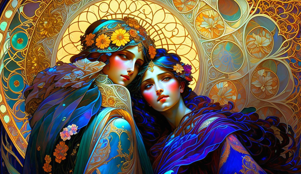 Two women in ornate headpieces and robes in vibrant art nouveau style.