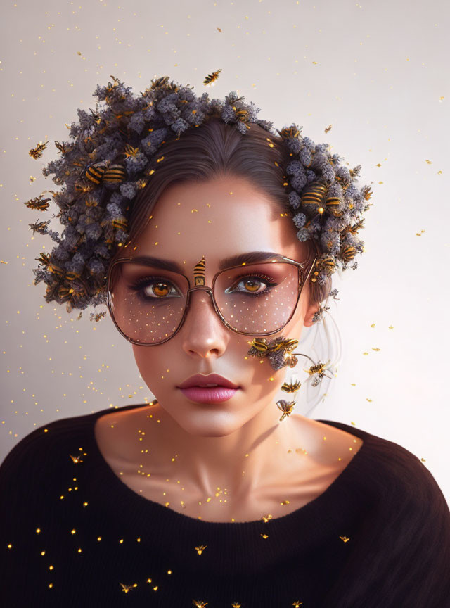 Woman with flower crown, bees, glasses, and septum piercing in intense gaze