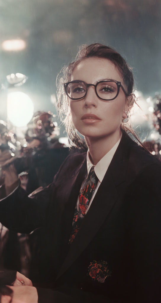 Woman in floral tie and glasses gazes thoughtfully in a blurred crowd