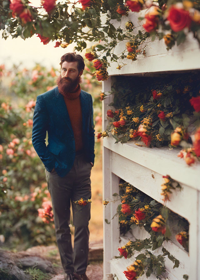 Bearded man in blue jacket by white trellis with flowers