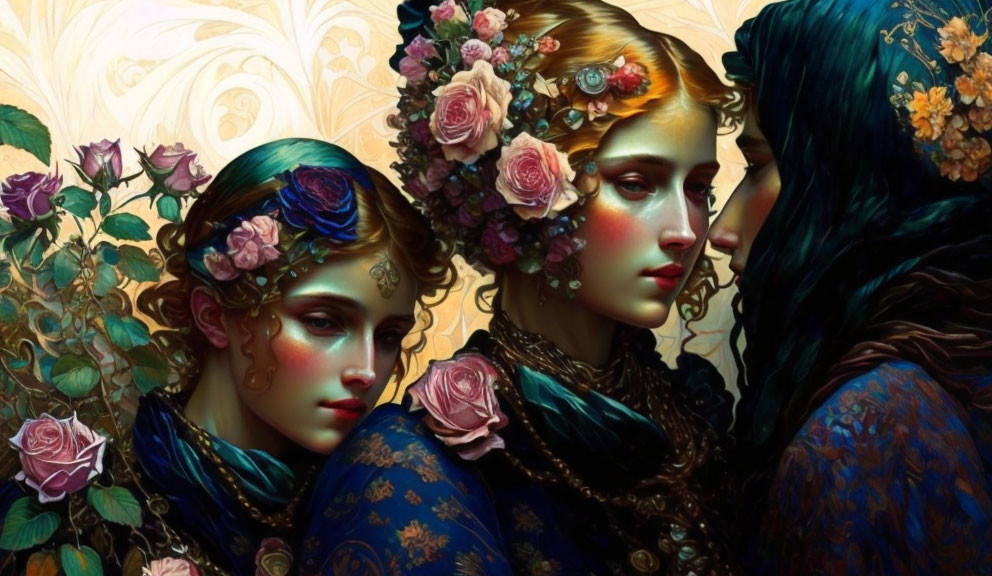 Elaborate floral hairstyles on three women against rose backdrop