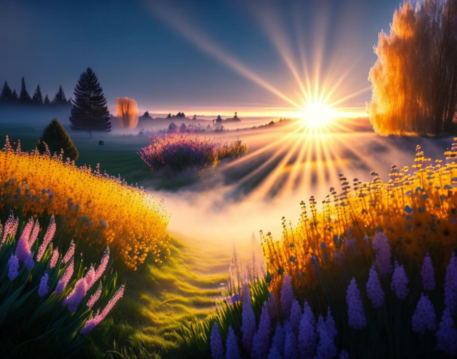 Colorful Flowers and Misty Sunrise Landscape with Sunbeams