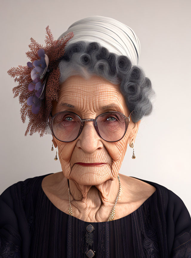 Elderly woman in glasses and headscarf with floral accessory and navy dress.