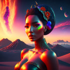 Futuristic female figure with cosmic theme and planets in alien desert landscape.