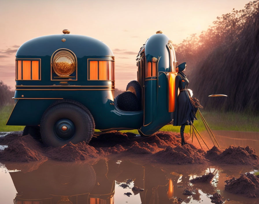 Vintage Blue Bus with Golden Accents Parked Beside Muddy Path at Sunset