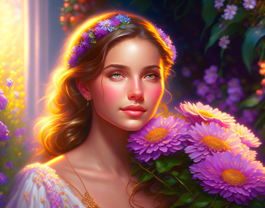 Young woman with floral crown holding purple flowers in warm sunlight