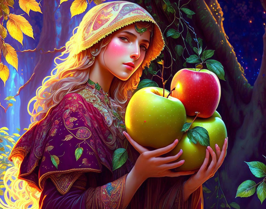 Medieval-themed woman with giant apples in enchanted forest.