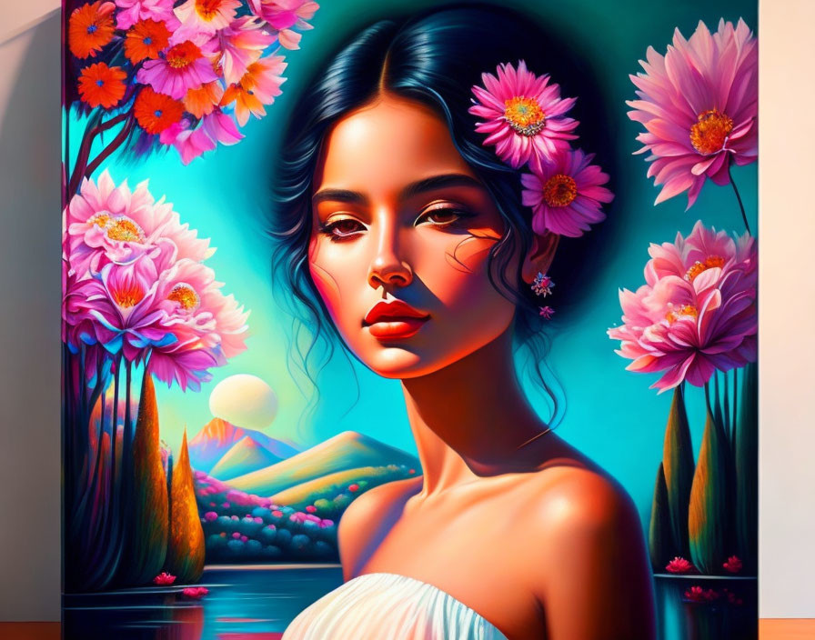 Colorful digital painting of woman with flower hair in surreal landscape