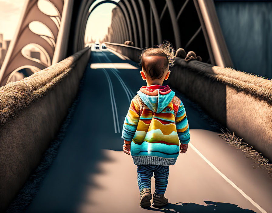 Colorful Striped Hoodie Toddler Walking on Empty Bridge Roadway