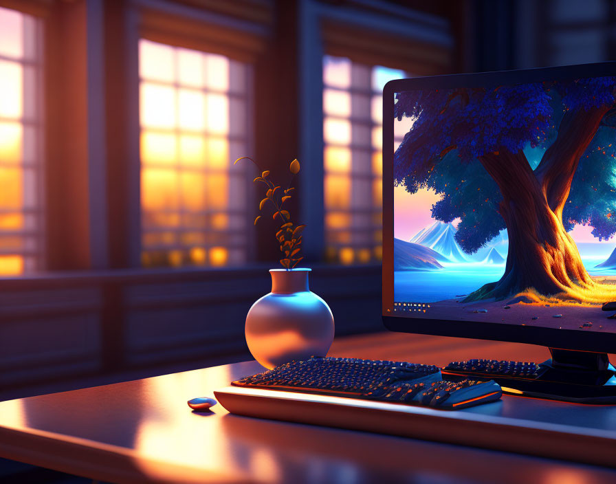 Tranquil workspace with tree wallpaper, vase of sprouting leaves, and sunset glow