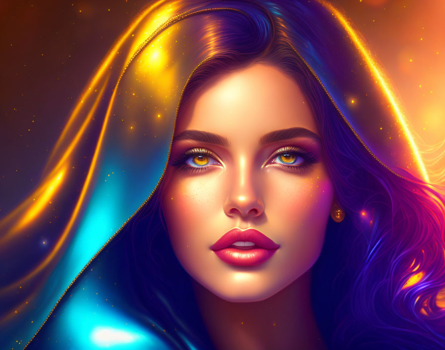 Cosmic-themed digital artwork of a luminous woman with dark hair