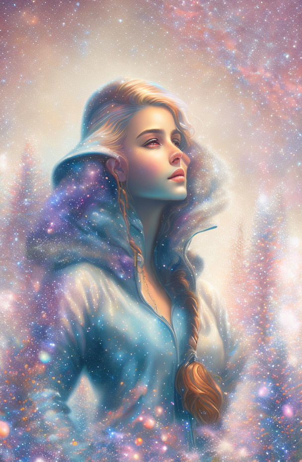 Woman in Blue Hooded Garment Stargazing with Braided Hair