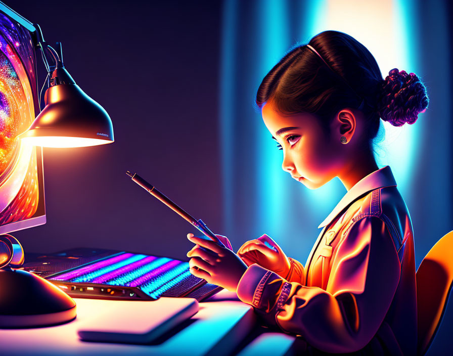 Young girl using digital tablet under colorful backlighting