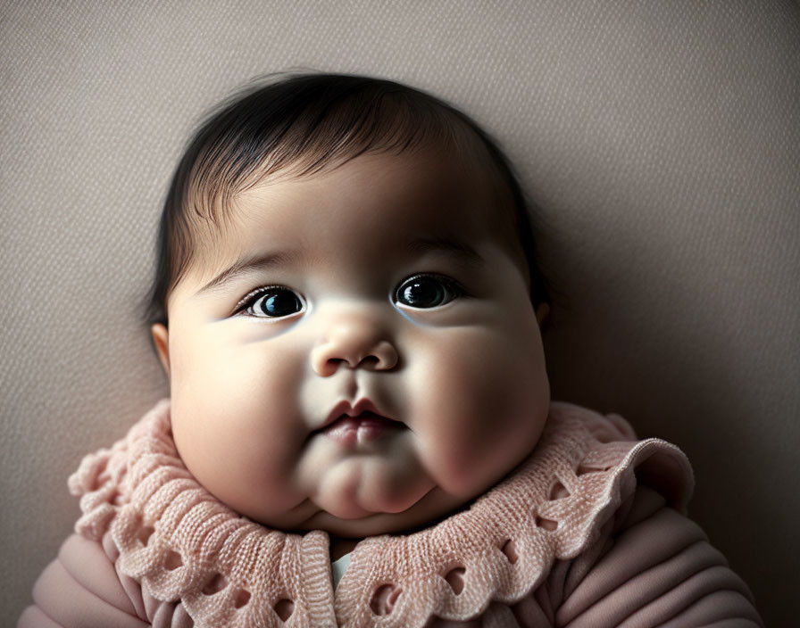 Adorable baby in pink knitted outfit with large eyes and round cheeks