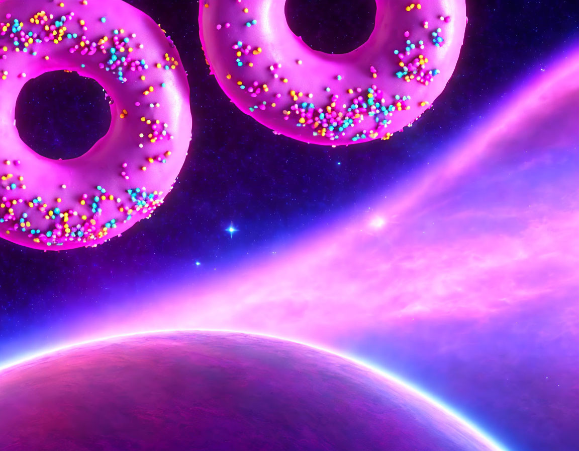 Purple planet with giant pink doughnuts in cosmic space