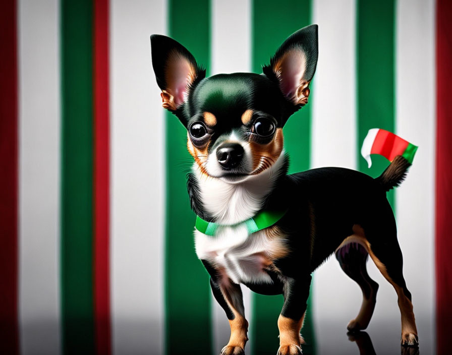 Chihuahua with green bow tie on Italian flag-themed background