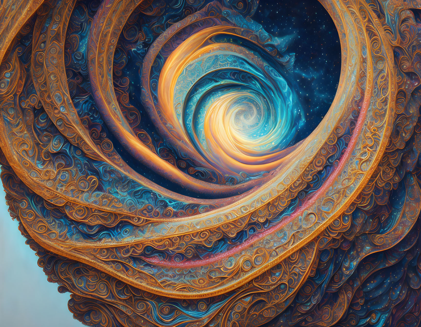 Intricate warm-hued spiral digital artwork with cosmic theme