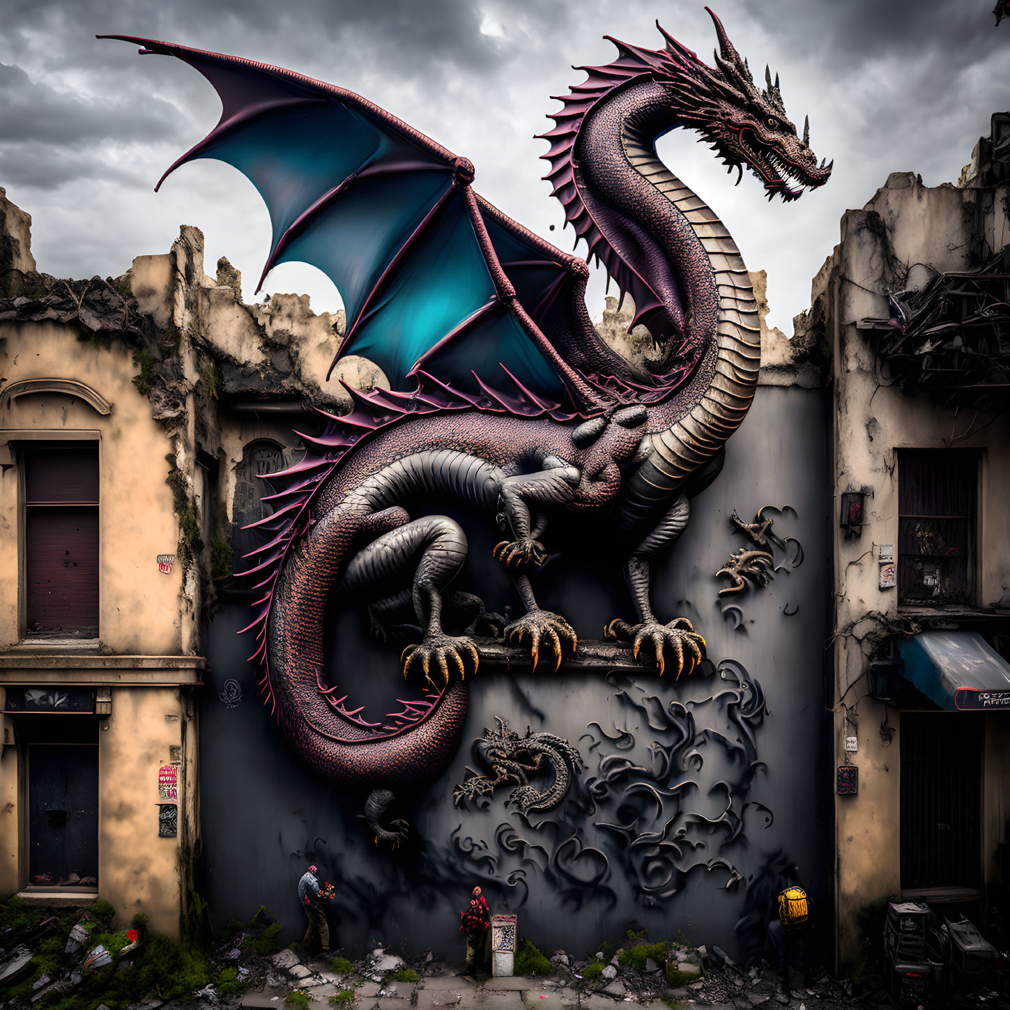 Intricate dragon sculpture in purple and blue hues amidst dilapidated buildings