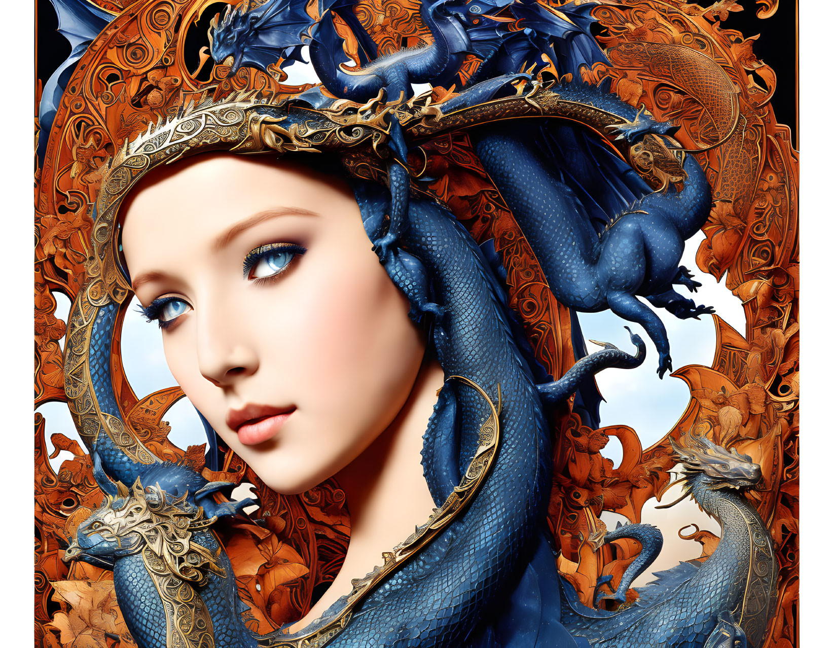 Digital artwork featuring woman with pale skin and blue eyes in gold and blue dragon-themed attire