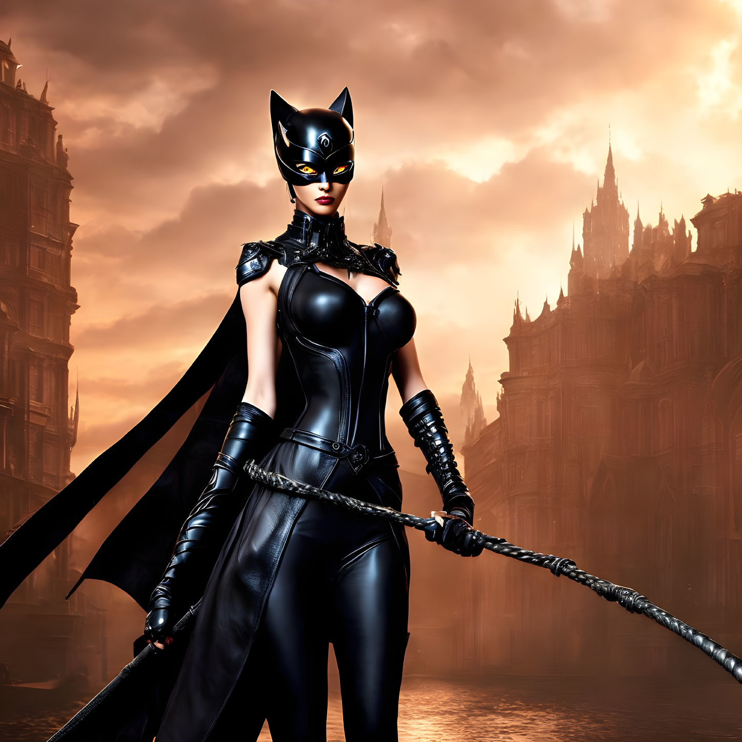 Woman in black cat costume with whip in gothic cityscape at sunset