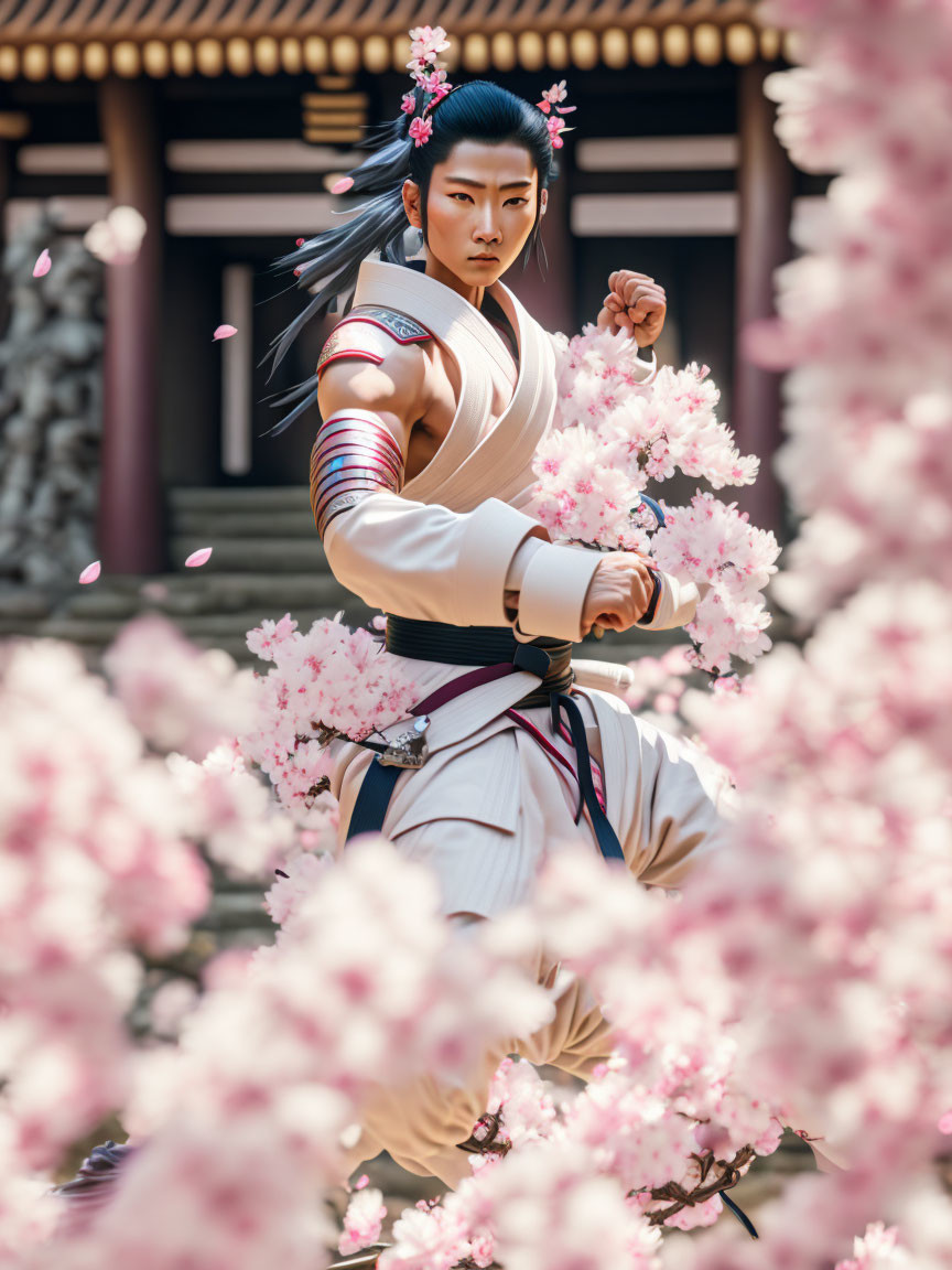 Traditional Attire Practicing Martial Arts with Cherry Blossoms and Temple