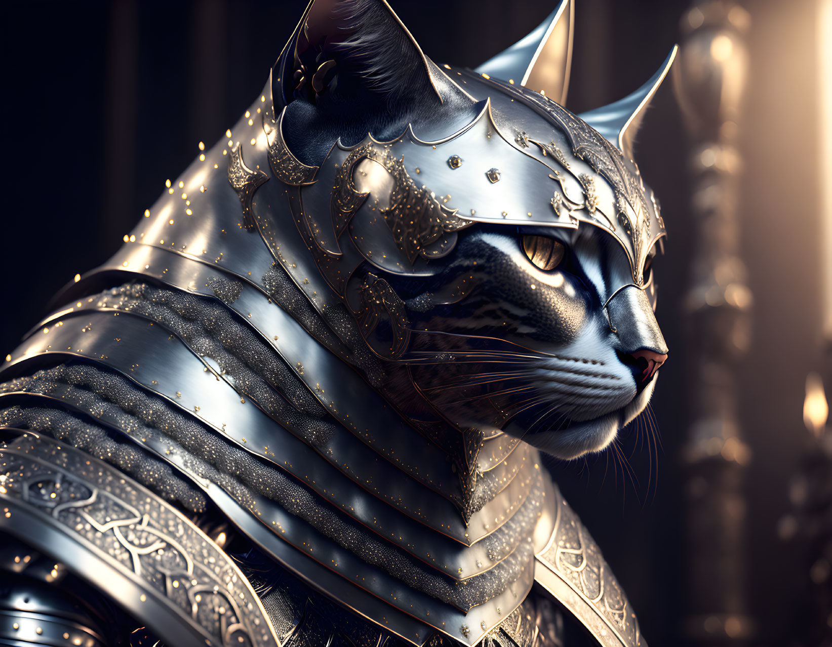 Majestic cat in ornate silver armor with intricate engravings