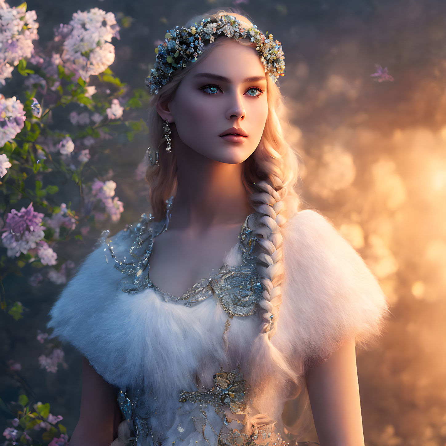 Serene woman with braided hairstyle in jeweled headpiece and fur-trimmed attire, surrounded