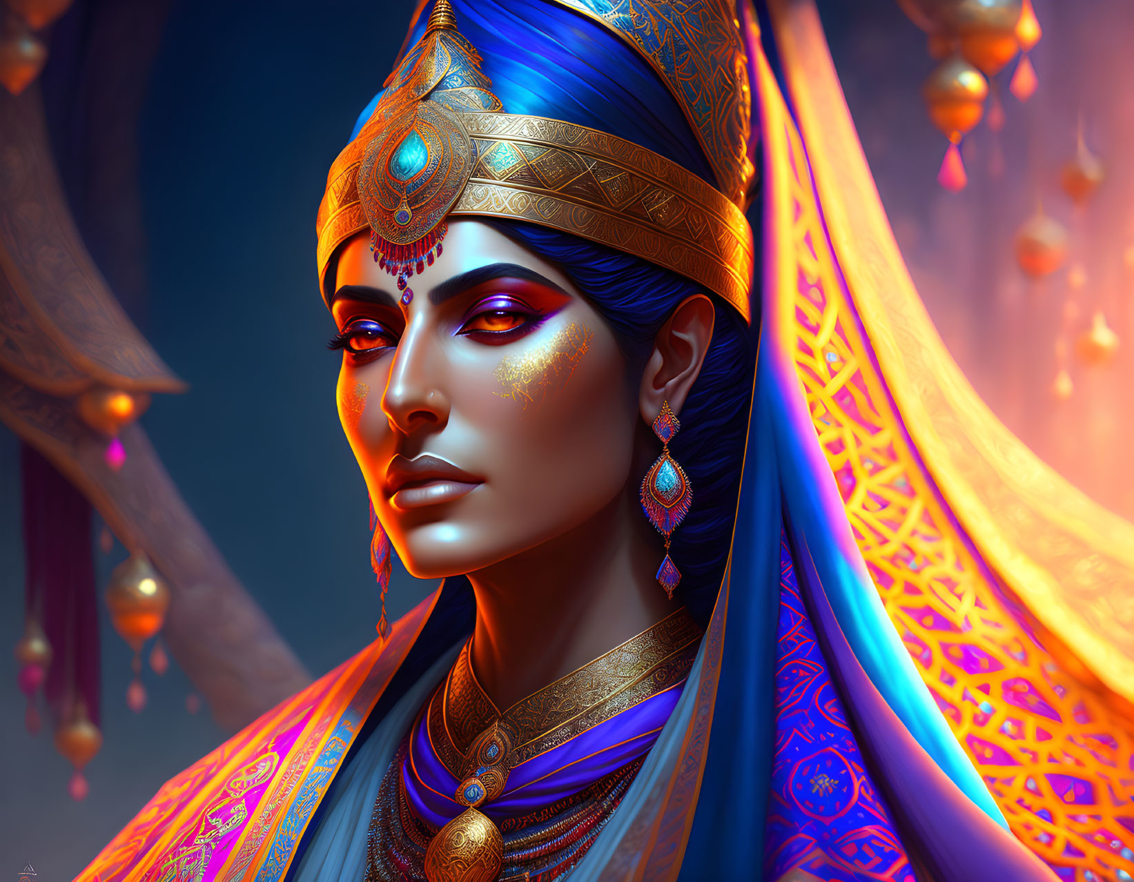 Regal woman in ornate attire and jewelry, vibrant digital portrait