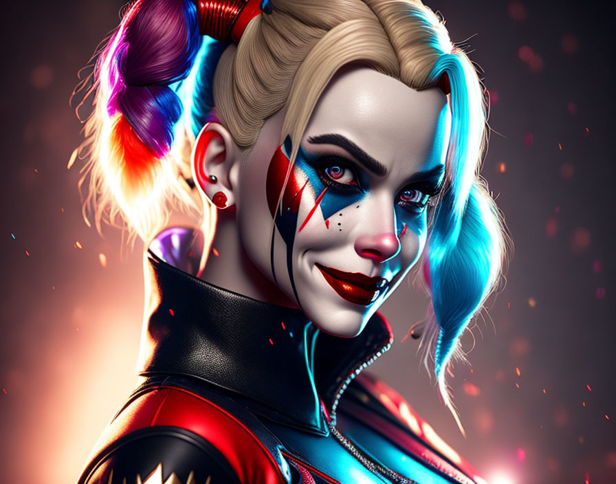 Colorful 3D illustration: Woman with dual-toned hair and jester-like face paint