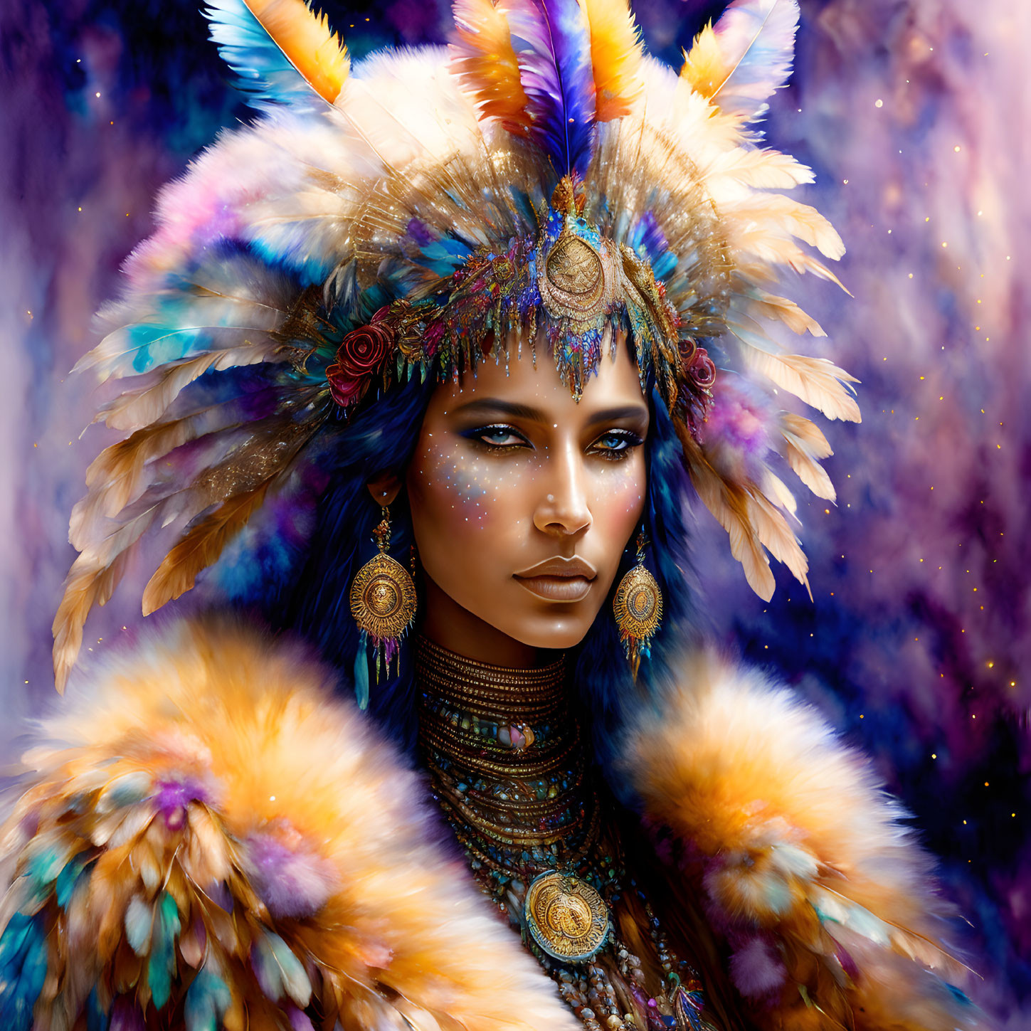 Colorful Feather Headdress and Jewelry on Mystical Figure in Galaxy Setting