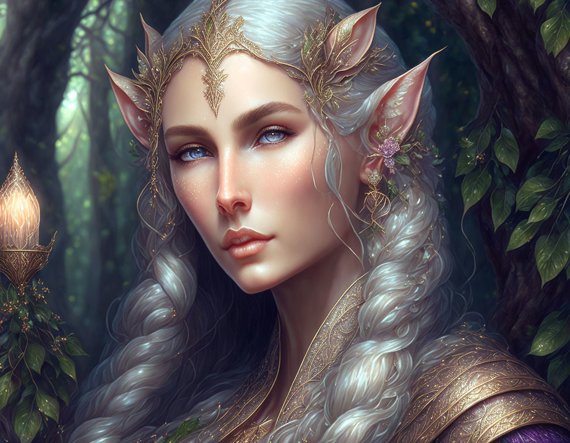 Ethereal elf with golden adornments in forest setting